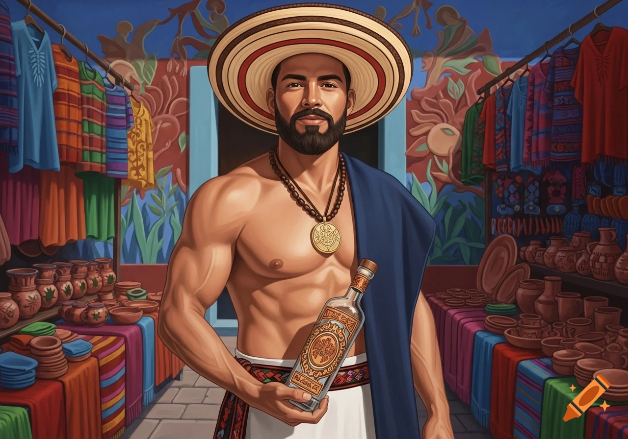 A muscular man in a straw hat and traditional attire, holding a bottle of liquor in a vibrant marketplace with textiles and pottery.