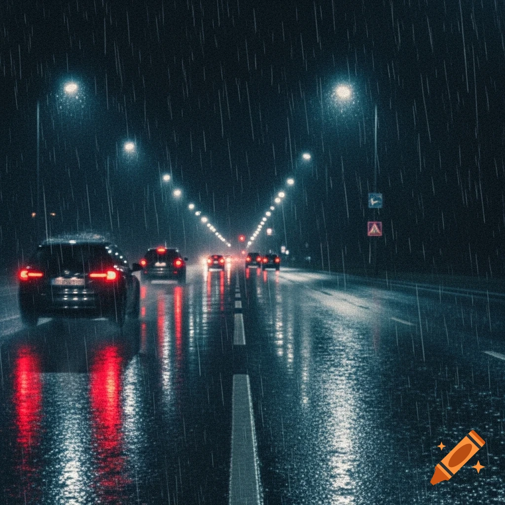 Grainy photo of cars driving on a wet, rainy road at night, reflecting streetlights and red taillights.