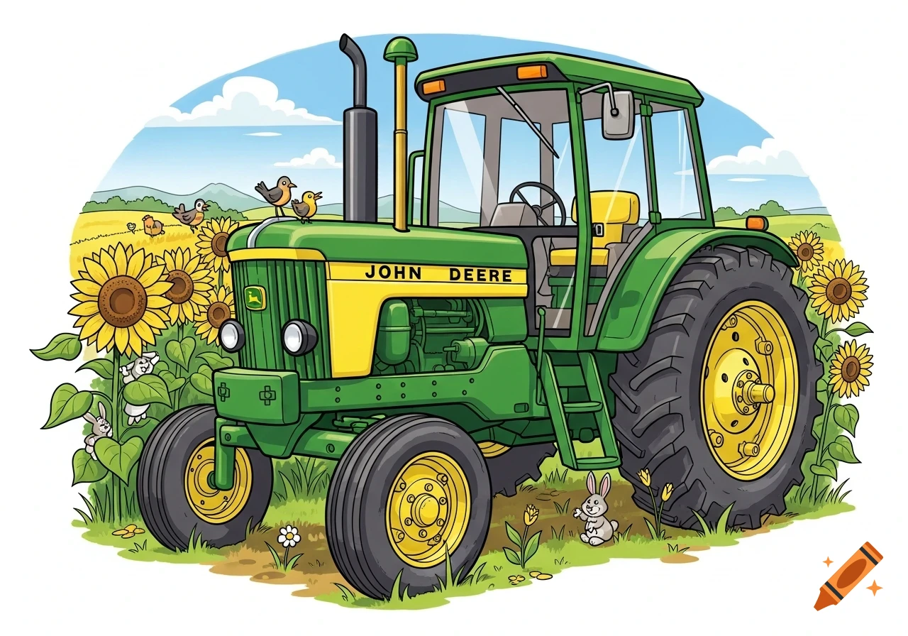 A cartoon John Deere tractor sits in a vibrant sunflower field with birds and bunnies, under a blue sky.