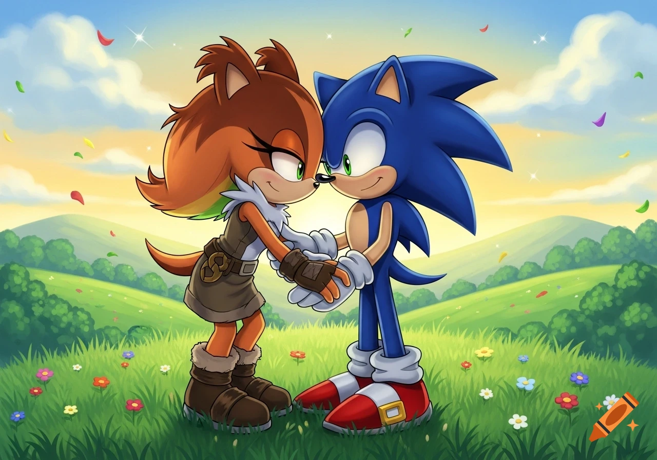Sticks the Badger and Sonic the Hedgehog holding hands, touching noses in a colorful field of flowers under a bright sky.