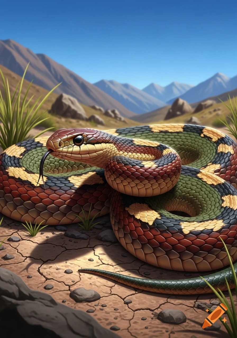 A colorful, coiled snake with its tongue flicking, on dry cracked earth with sparse grass, set against a background of mountains under a blue sky.