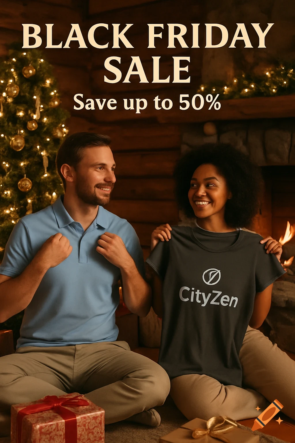 A man and a woman sit in a cozy cabin with a Christmas tree. The woman holds up a grey 'CityZen' t-shirt. Text reads 'BLACK FRIDAY SALE Save up to 50%'.