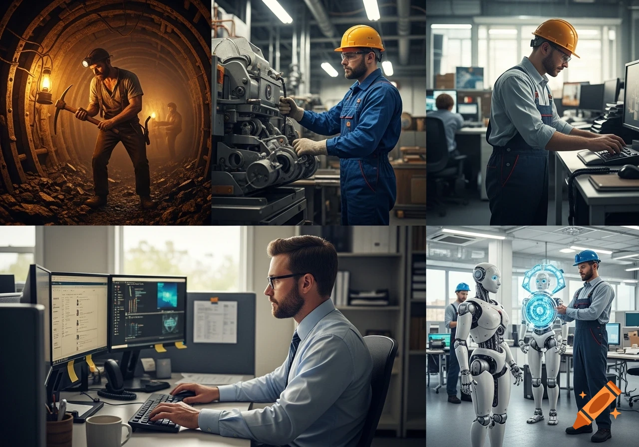 A collage of scenes showing the evolution of work: a miner, a factory worker, an office worker typing on a computer, and humans interacting with humanoid robots.