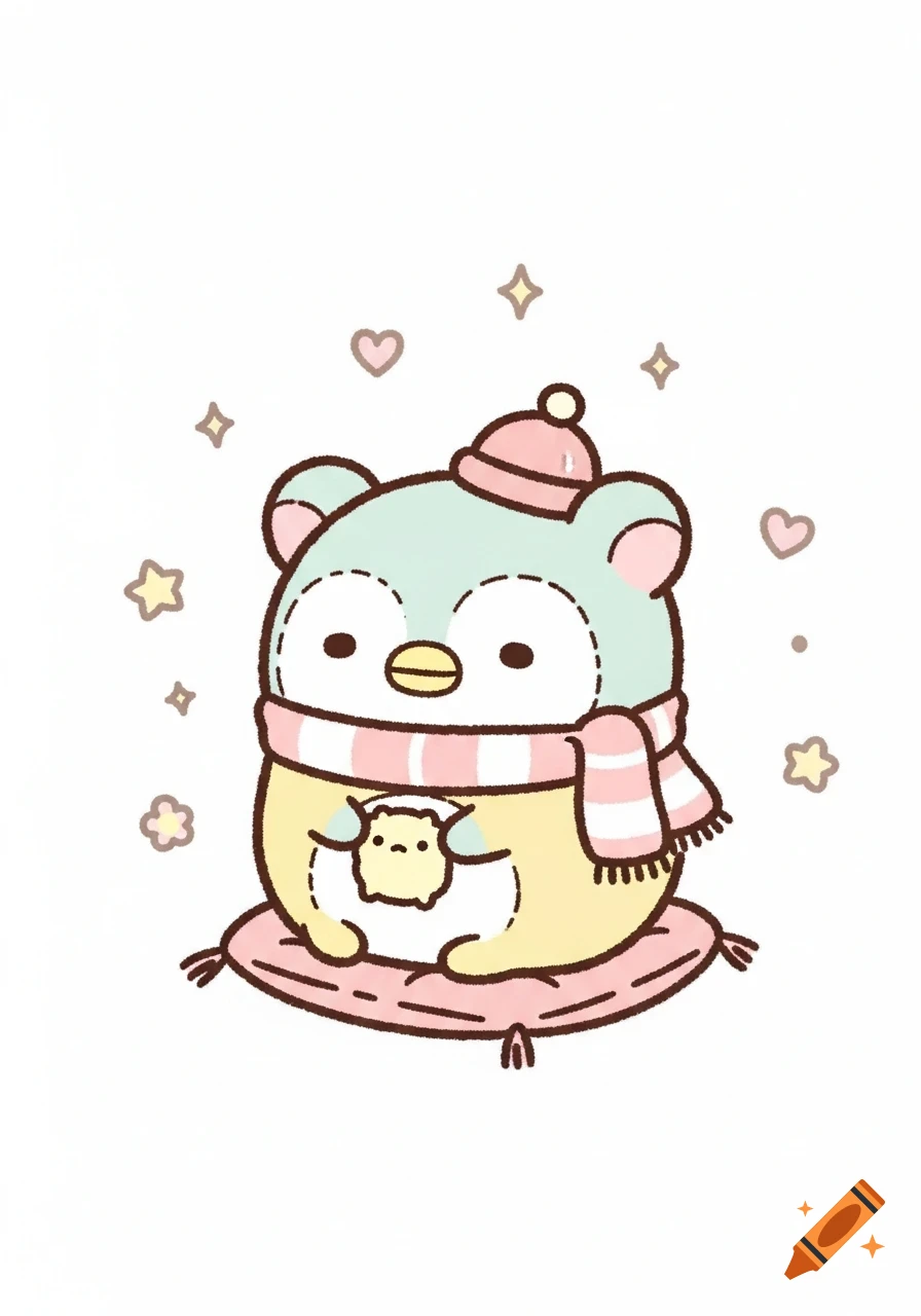 A cute, pastel doodle of a penguin-like character in a pink hat and striped scarf, sitting on a pink cushion with a small character on its belly, surrounded by stars and hearts.