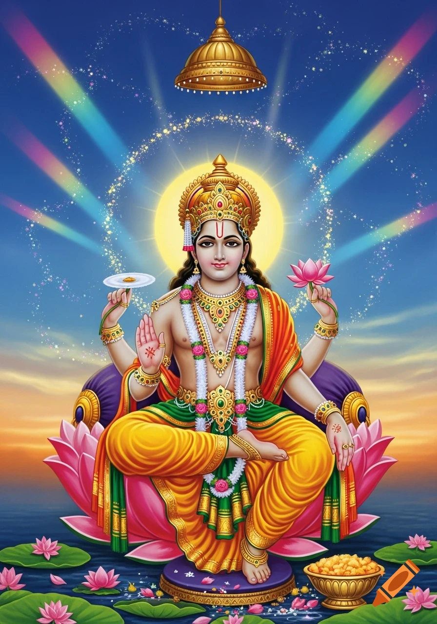 Vibrant devotional art of a four-armed Hindu deity with a golden crown and jewelry, seated on a lotus with a sun halo and rainbows.
