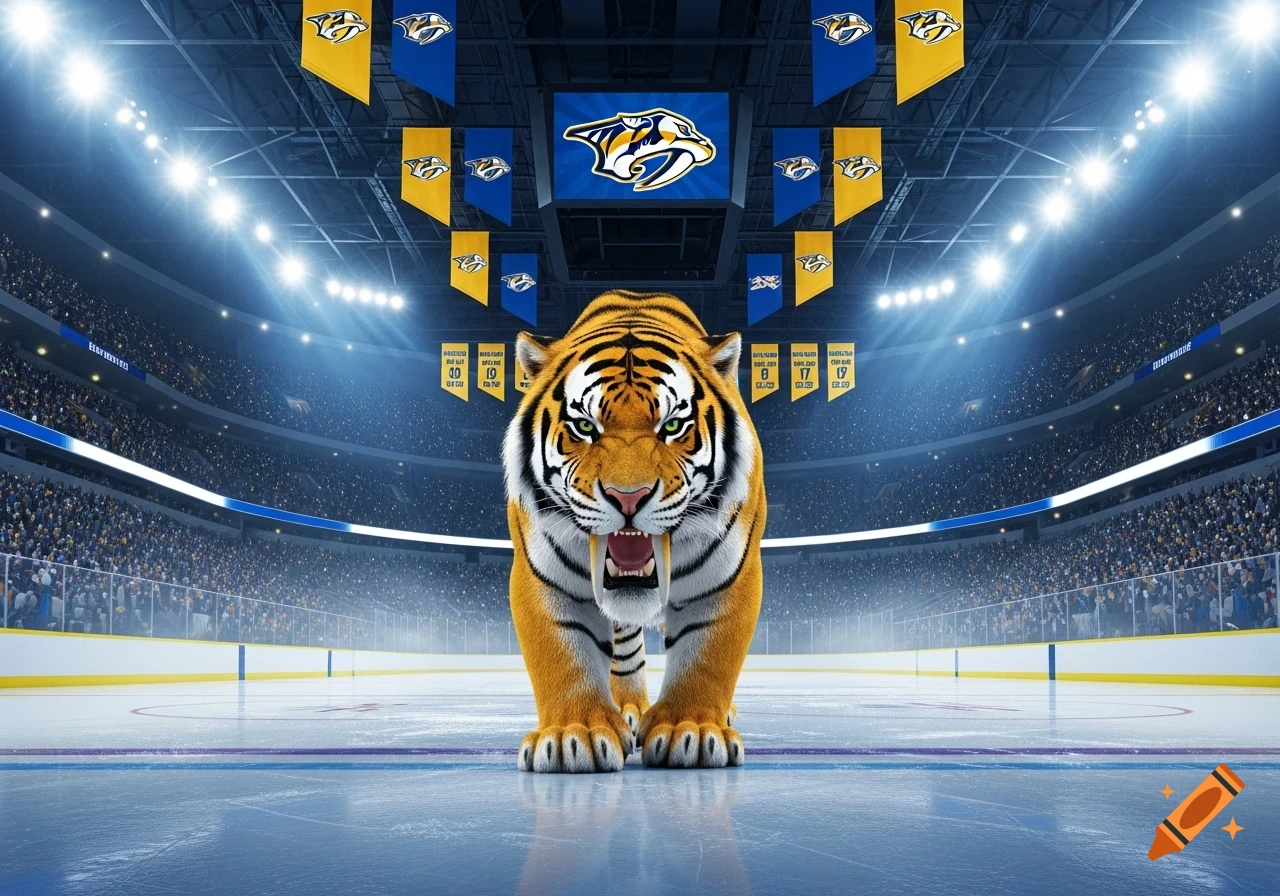 A fierce saber-toothed tiger stands on an ice hockey rink in a packed arena with Nashville Predators banners and logos, illuminated by bright stadium lights.