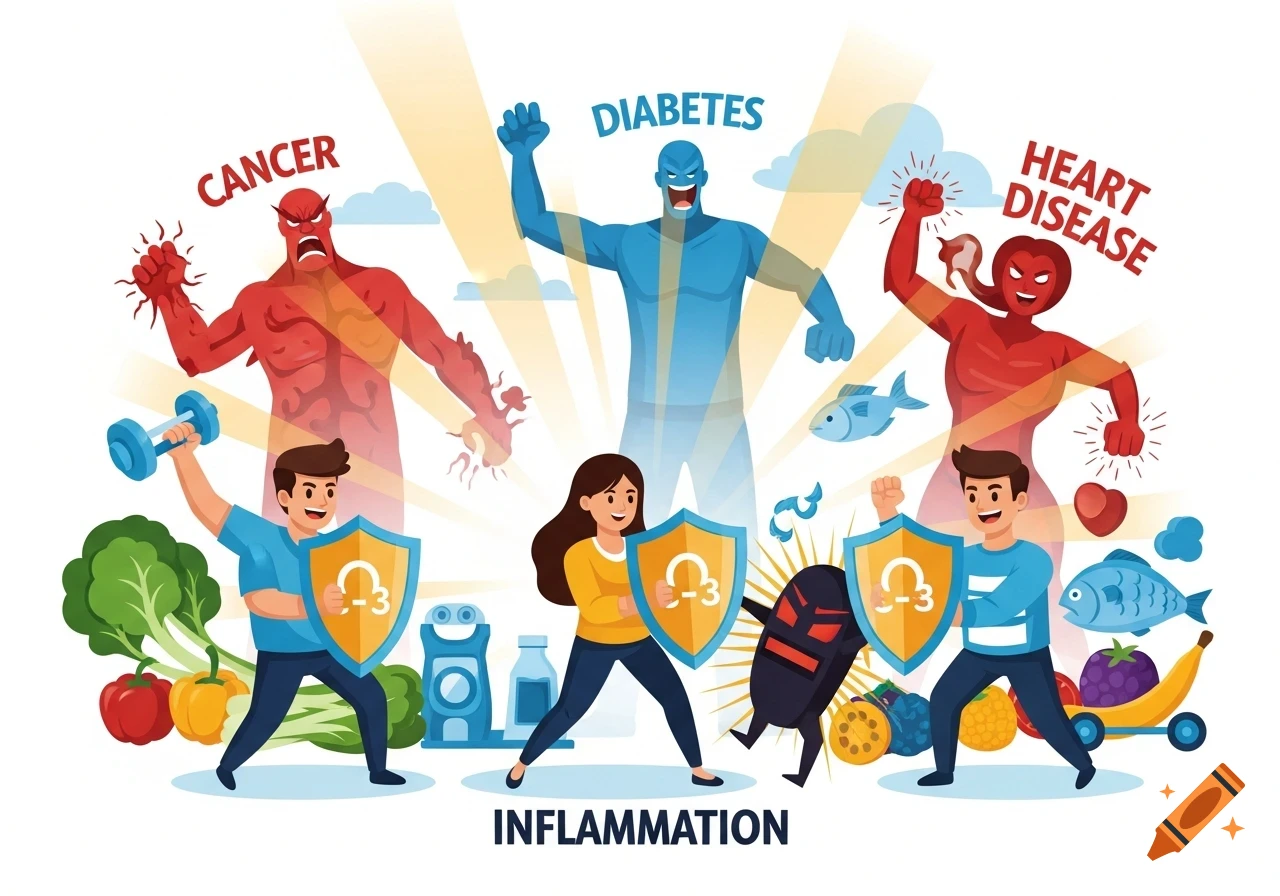 A cartoon showing a man and a woman using shields with Omega-3 symbols, healthy food, and exercise to fight personified diseases like Cancer, Diabetes, Heart Disease, and Inflammation.