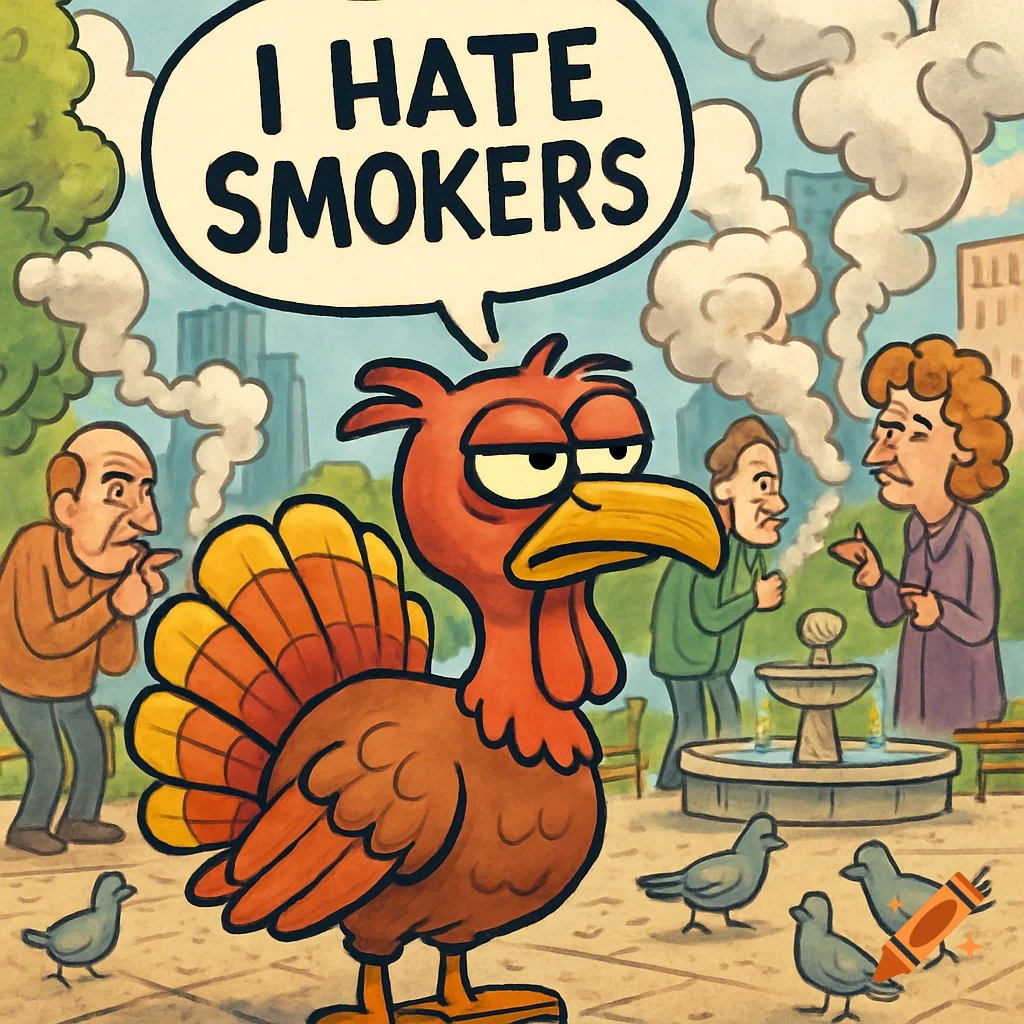 A grumpy cartoon turkey in a city park says 'I HATE SMOKERS' while people smoke nearby.