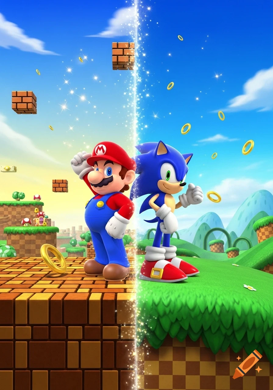 Mario and Sonic stand divided by a sparkling line, their iconic video game worlds merging with bricks, coins, and rings.