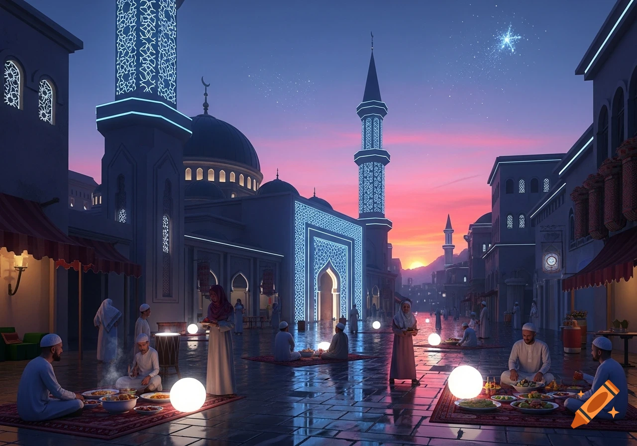 People gather in a city square for a meal during sunset, surrounded by illuminated mosques and minarets in a Middle Eastern setting.