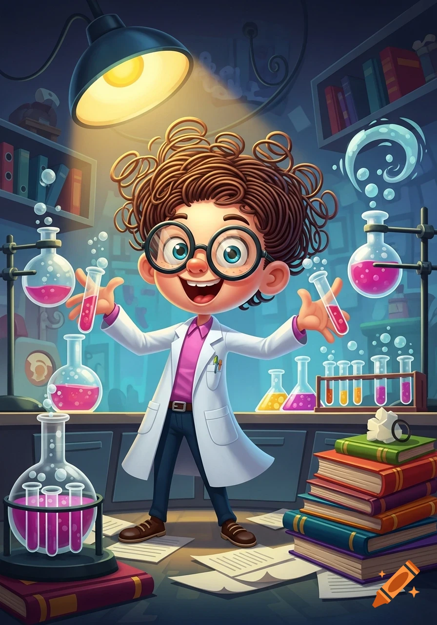 A joyful cartoon scientist with curly hair and large glasses stands in a vibrant laboratory, holding two test tubes. Beakers and books surround them.