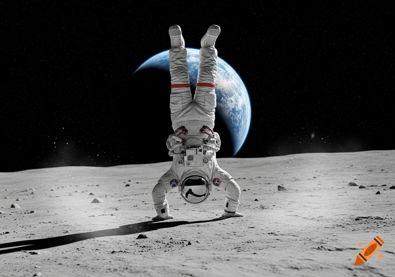 Photorealistic image of an astronaut doing a handstand on the moon surface with Earth and stars in the background.