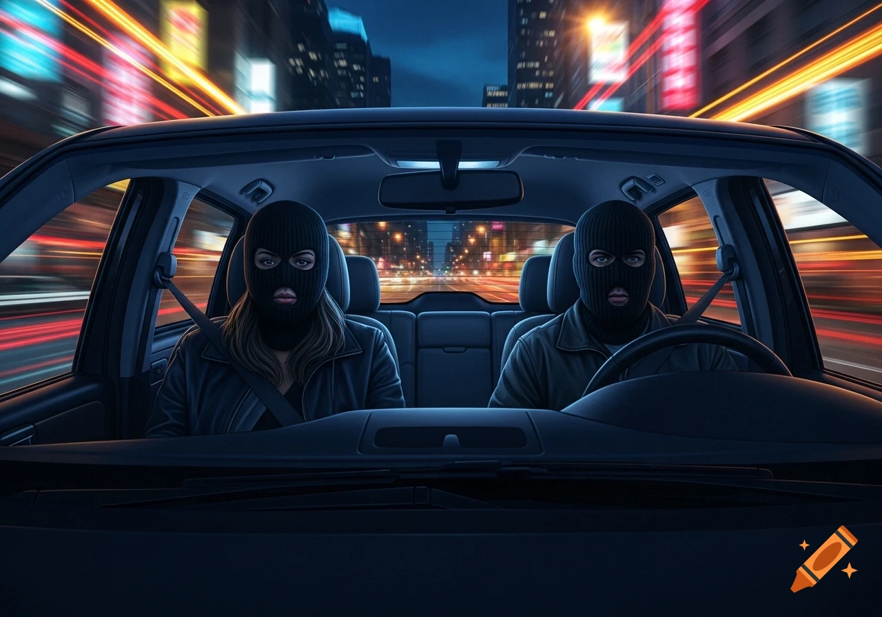 A man and woman wearing black ski masks drive a car at high speed through a city at night, with motion-blurred lights in the background.