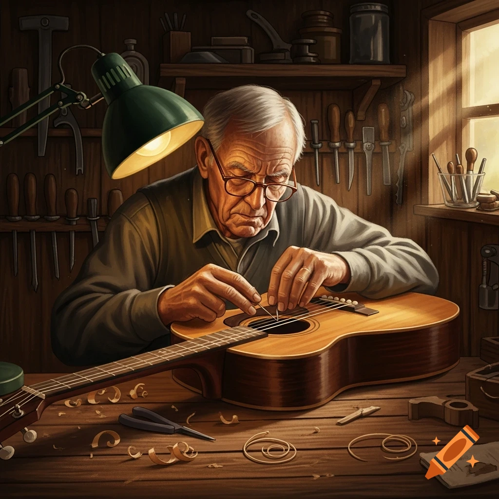 A detailed, painterly image of an old man with glasses carefully mending an acoustic guitar in a rustic wooden workshop, illuminated by a desk lamp.