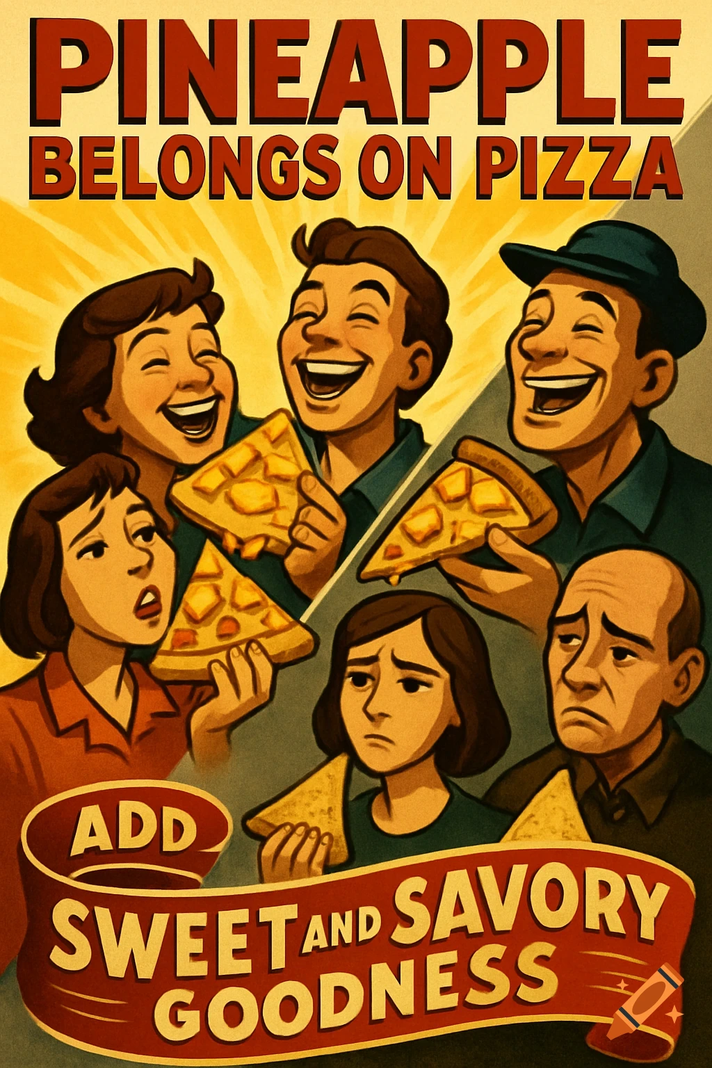 Retro cartoon propaganda poster for pineapple pizza, showing happy people eating it and sad people with plain pizza.