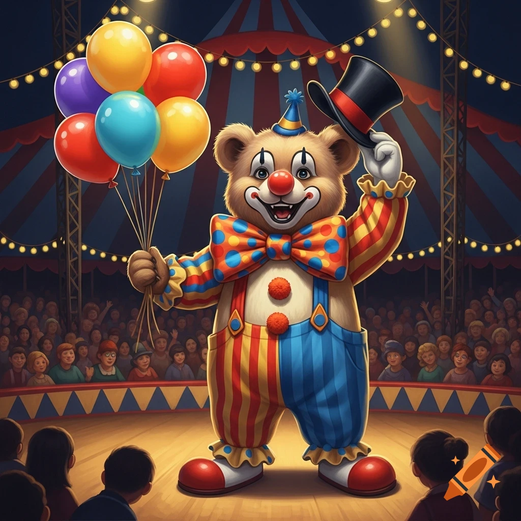 A whimsical bear clown in a colorful outfit holds balloons and tips its hat in a circus ring before an audience.