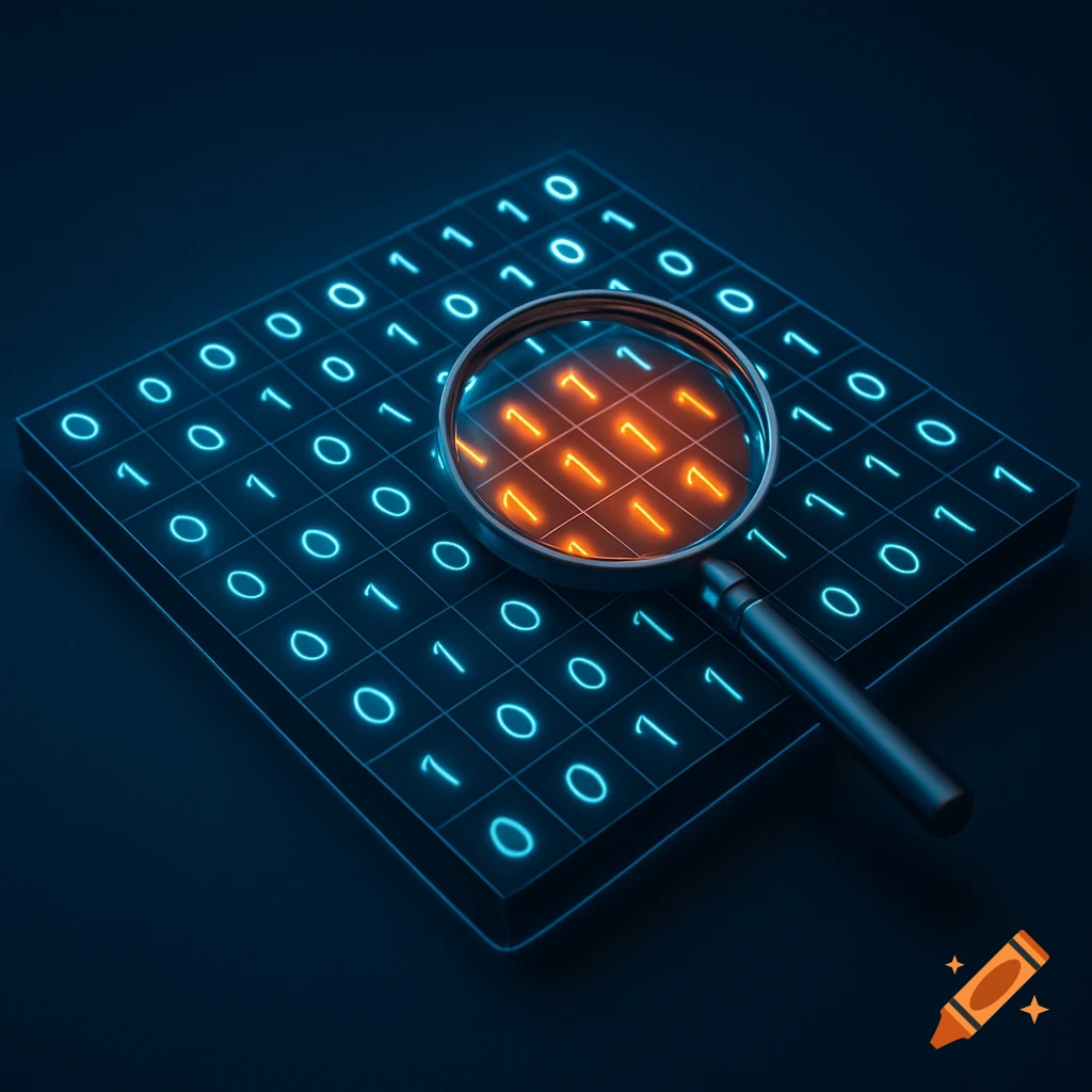 A magnifying glass highlights glowing orange '1's in a grid of blue binary code (0s and 1s) on a dark background, representing data analysis.