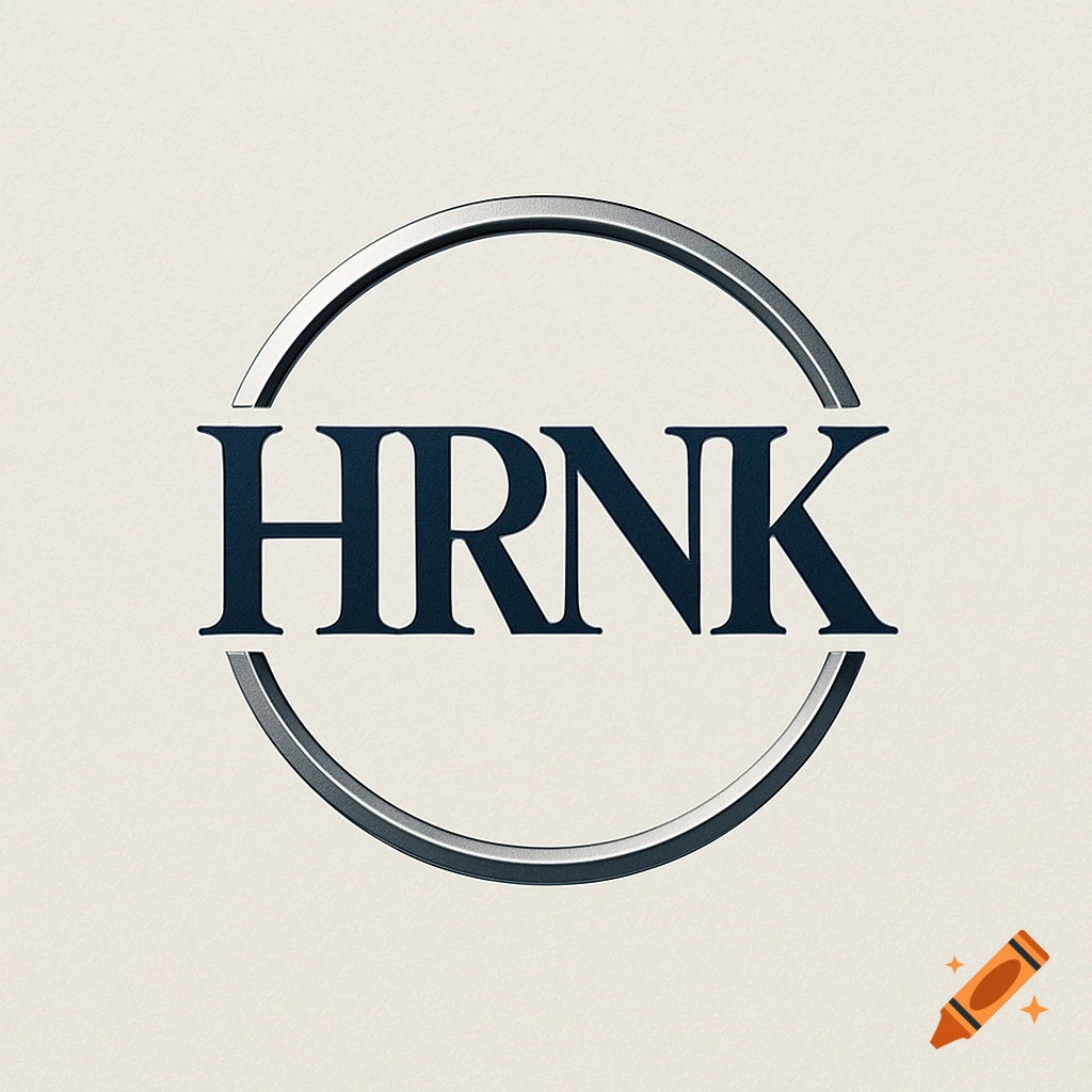 A minimalist logo with dark blue serif text 'HRNK' centered within a metallic silver circle on a cream background.