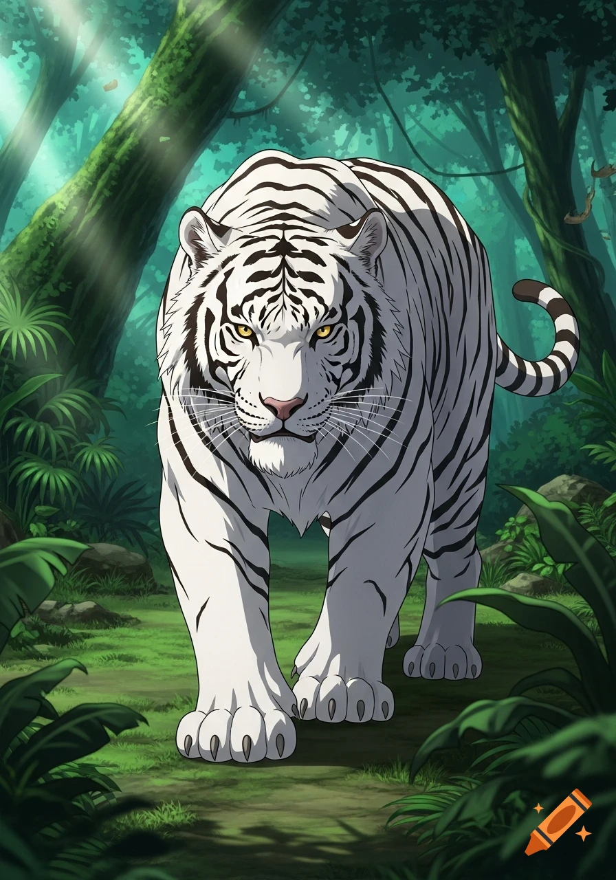 An anime illustration of a majestic white tiger with black stripes walking through a lush green jungle.