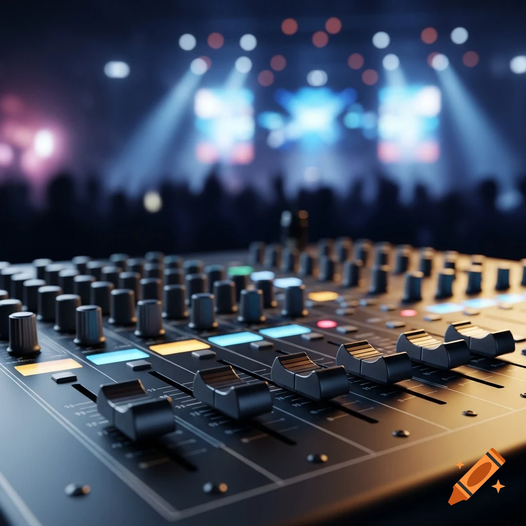 Close-up of a digital audio mixing console with faders and knobs, set against a blurred background of a brightly lit concert stage with a crowd.