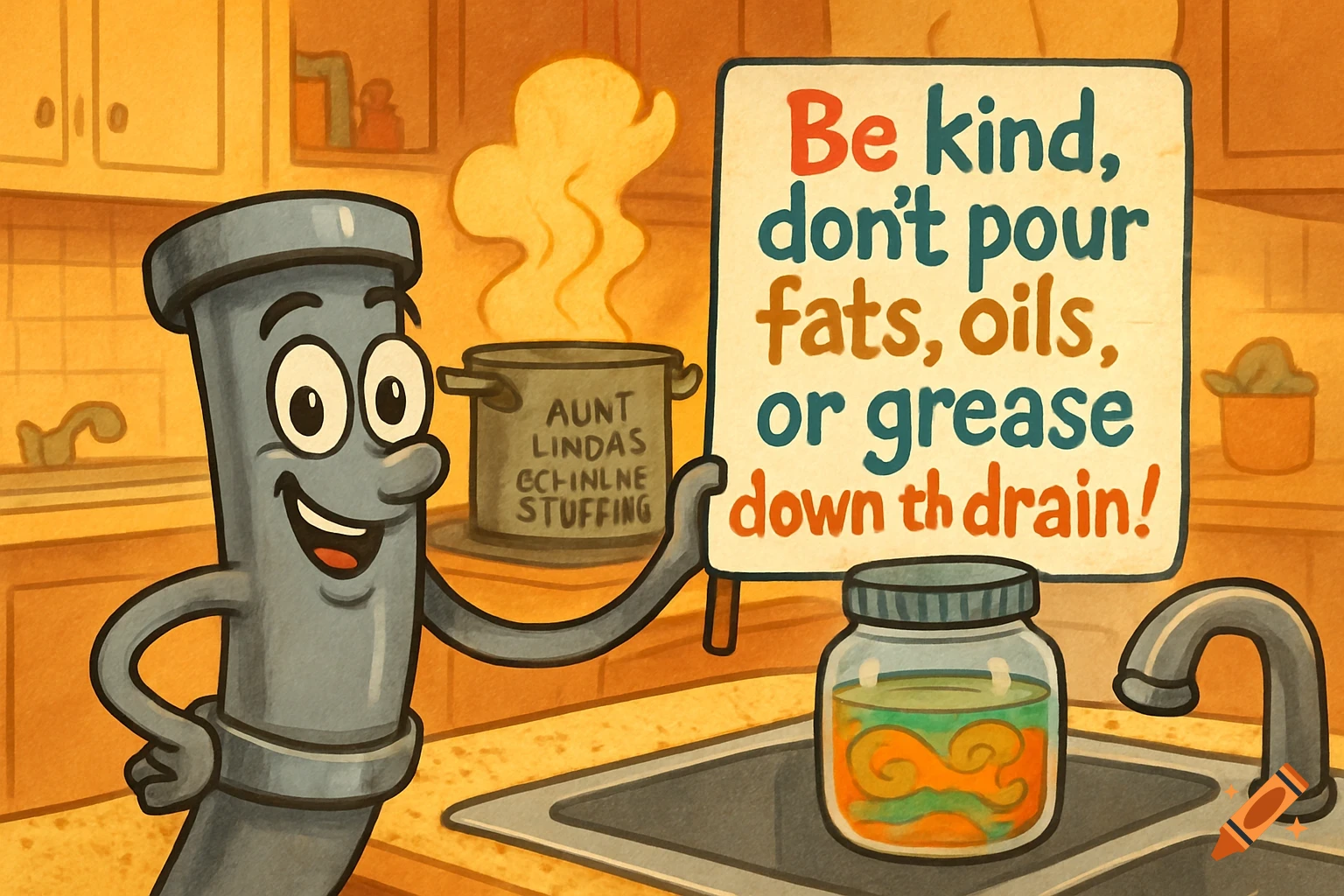 A cartoon pipe character smiles in a kitchen, holding a sign that reads: "Be kind, don't pour fats, oils, or grease down th drain!". A pot labeled "AUNT LINDAS ECHINLNE STUFFING" steams next to a jar of grease.