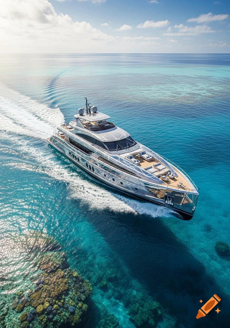 A luxurious superyacht speeds through crystal-clear turquoise ocean waters under a sunny sky.