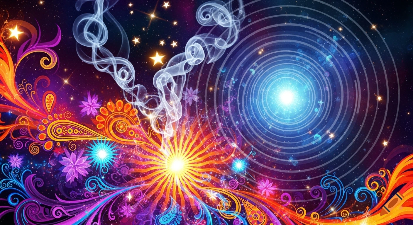 A vibrant psychedelic abstract image with swirling colorful patterns, stars, smoke, and luminous bursts of light.