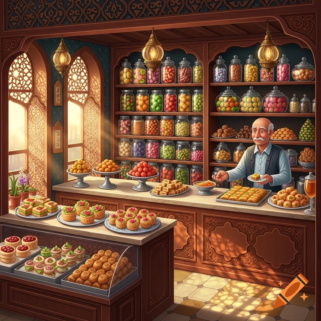 An old man in a traditional, ornate bakery filled with colorful jars of sweets and display cases of pastries, in an illustrative style.