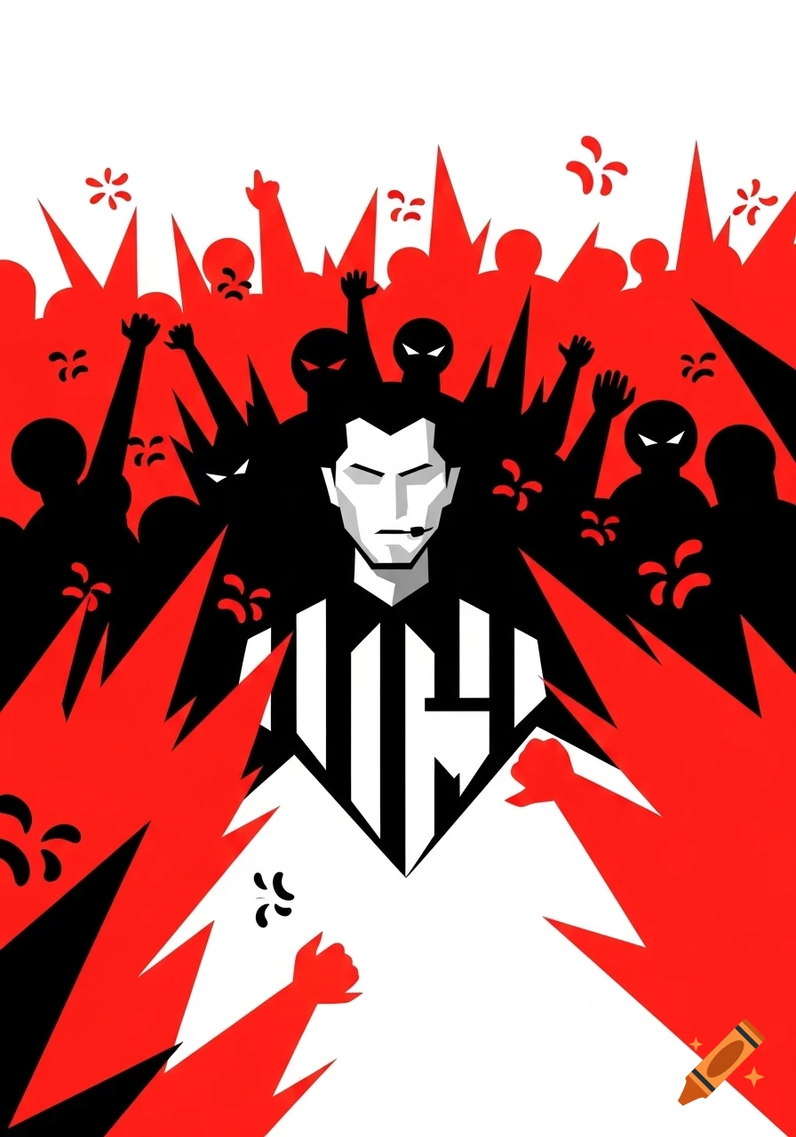 Minimalist geometric illustration of a referee surrounded by a hostile black and red crowd with menacing eyes and raised fists.