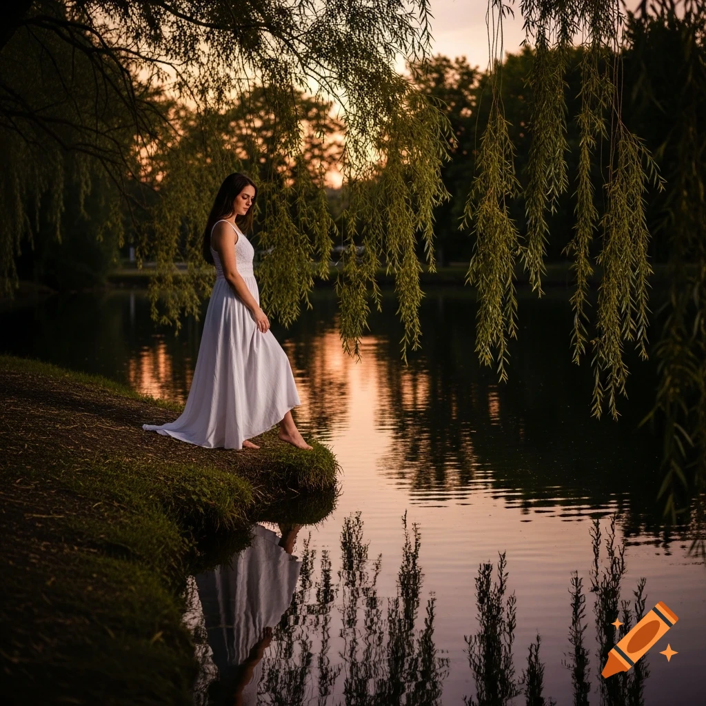 A woman in a white dress stands barefoot on the edge of a lake at ...