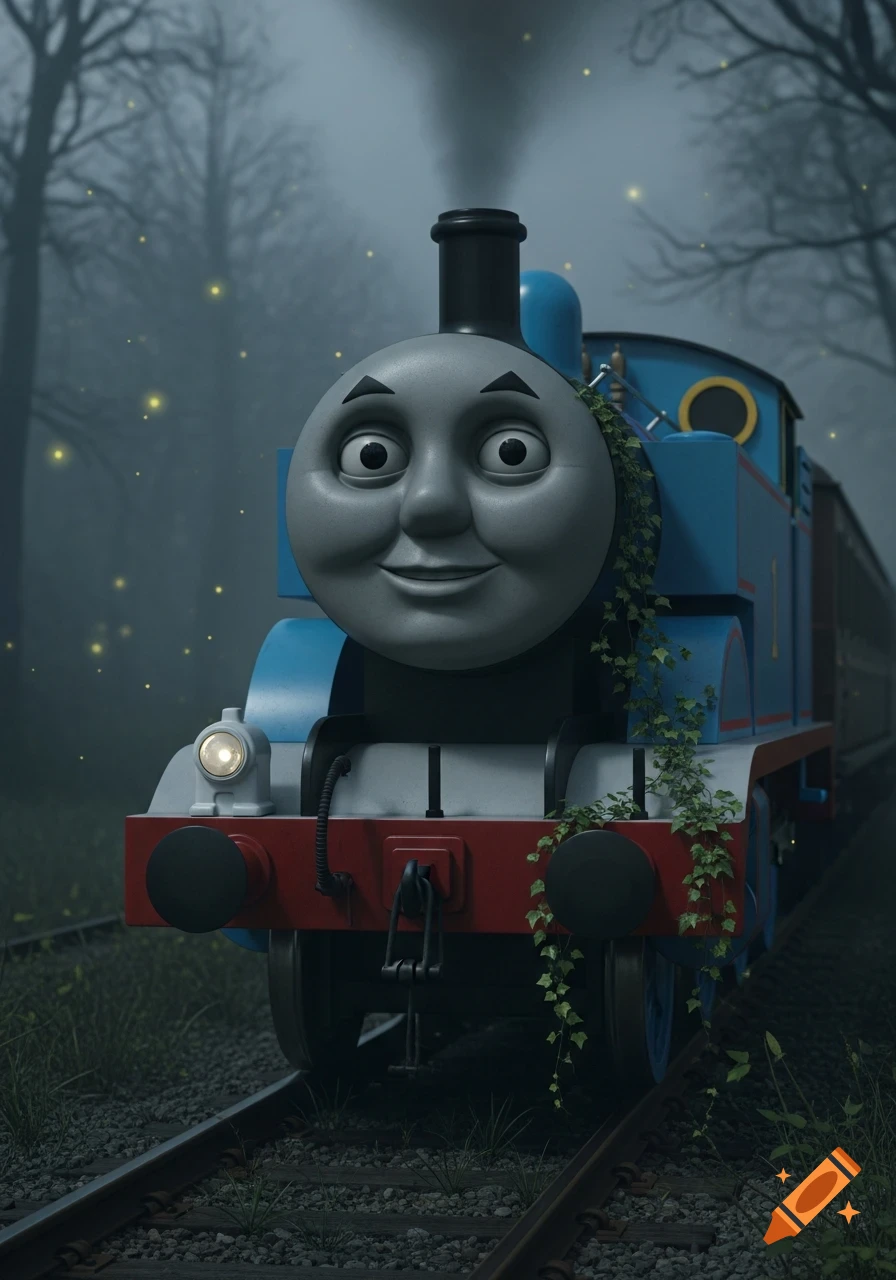 Hyperrealistic Thomas the Tank Engine, overgrown with ivy, on tracks in a dark, misty forest with glowing fireflies.