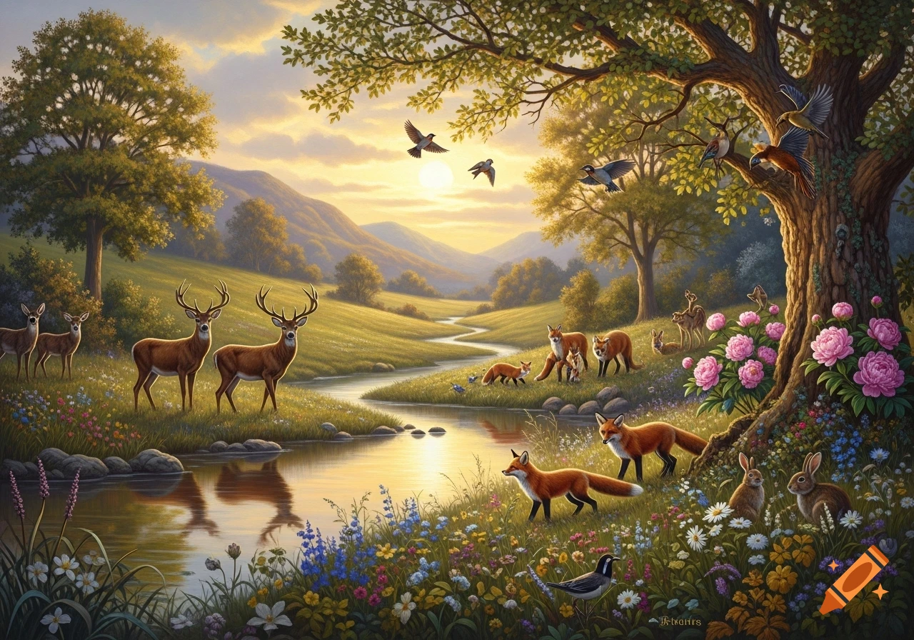A vibrant oil painting of deer, foxes, rabbits, and birds by a winding river in a lush valley at sunset, surrounded by trees and wildflowers.