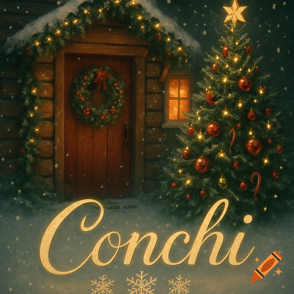 A cozy cabin entrance decorated for Christmas with a lit tree, falling snow, and the name 'Conchi' in golden script.