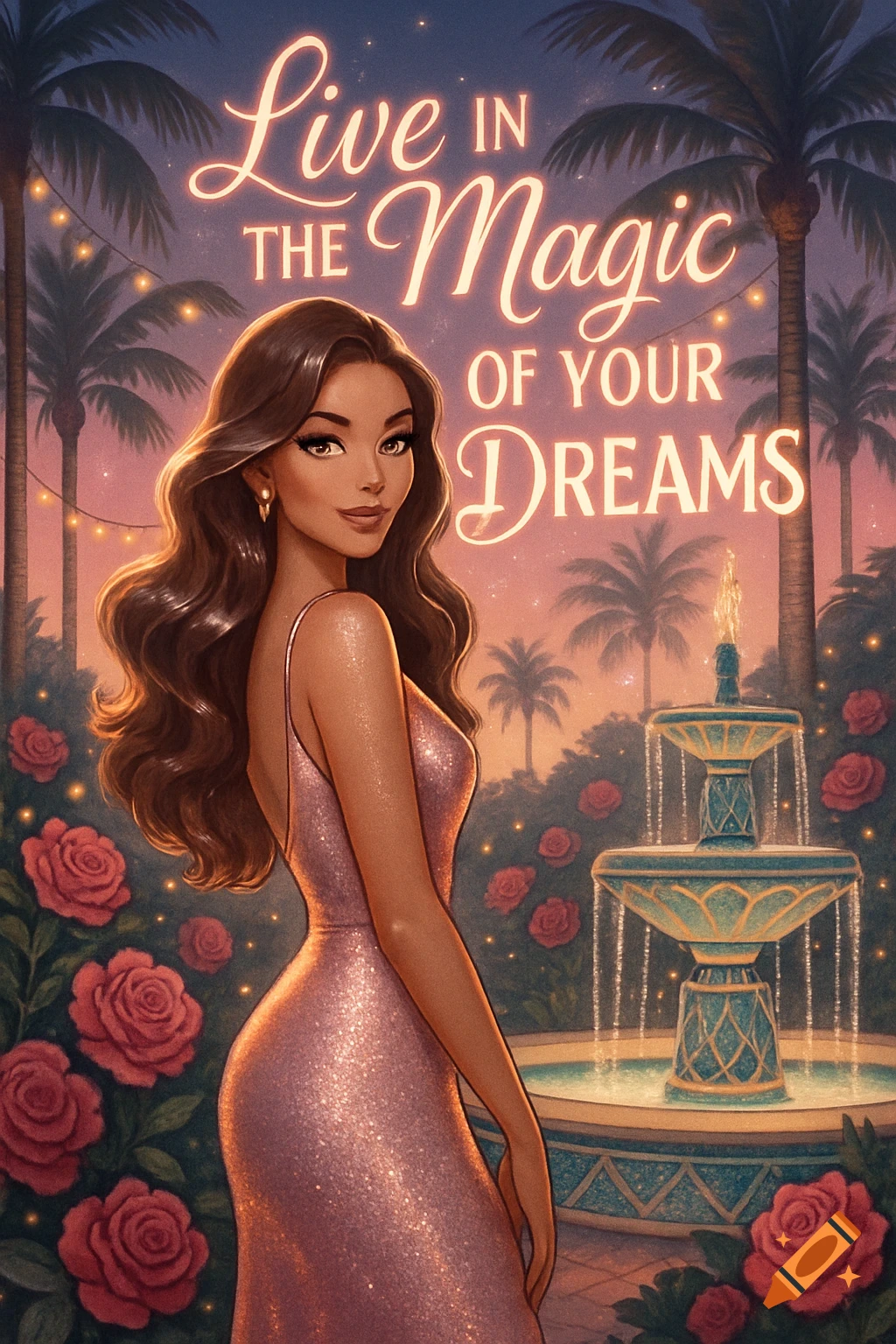 Illustrated glamorous woman in a sparkly dress in a magical garden with palm trees, a fountain, and text: Live In The Magic Of Your Dreams.