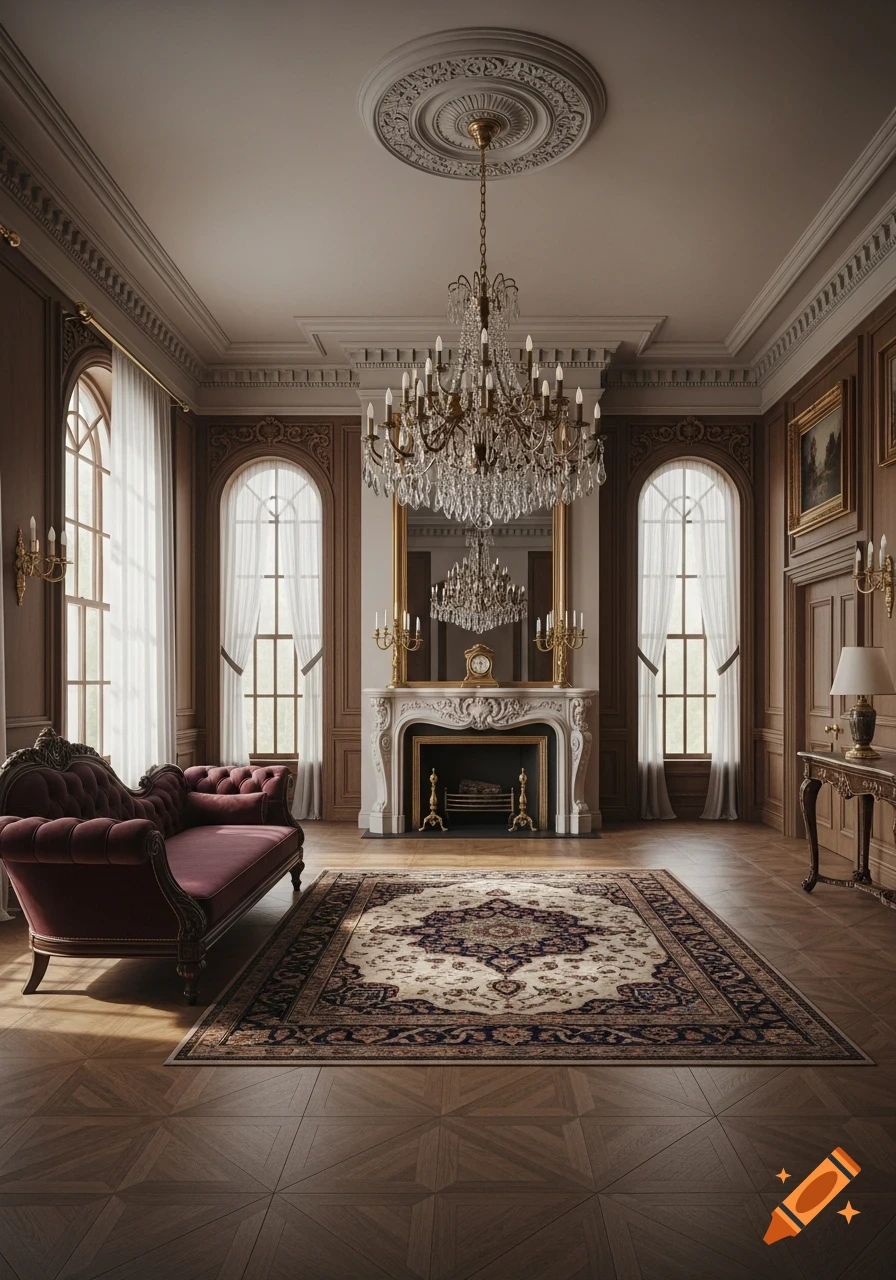 A grand, photorealistic interior of an old English mansion with a large crystal chandelier, fireplace, red chaise lounge, and patterned rug.