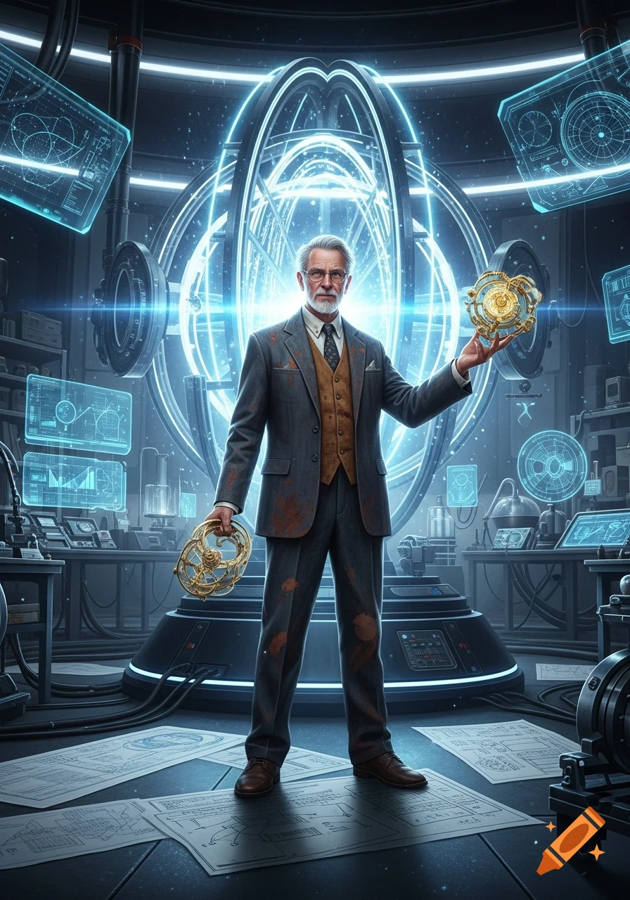 A grey-haired scientist holds golden devices in a glowing futuristic laboratory with floating blue screens and a large circular time gate.