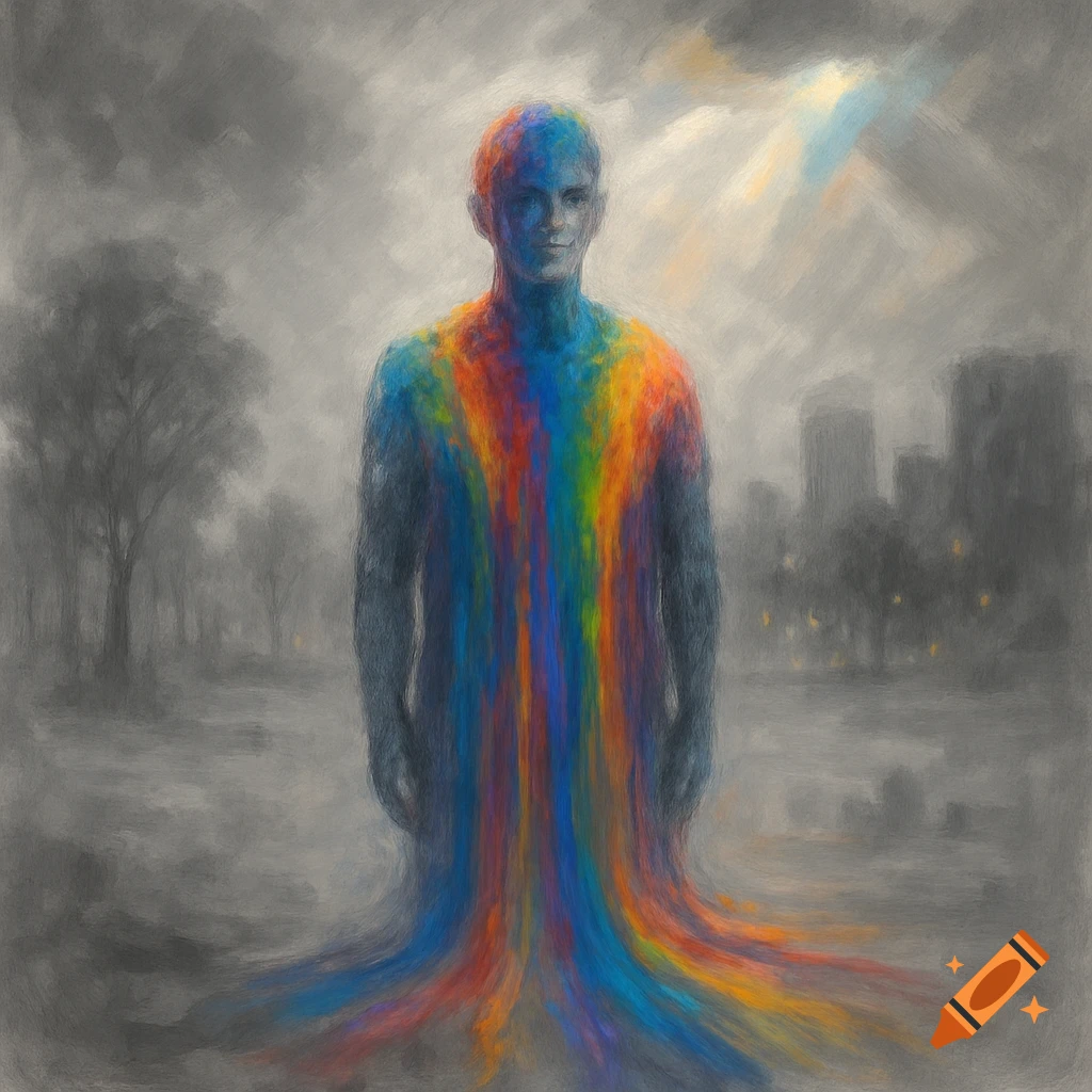 A painterly image of a human figure, blue-faced with rainbow colors streaming from its chest, against a misty grey landscape and cityscape.