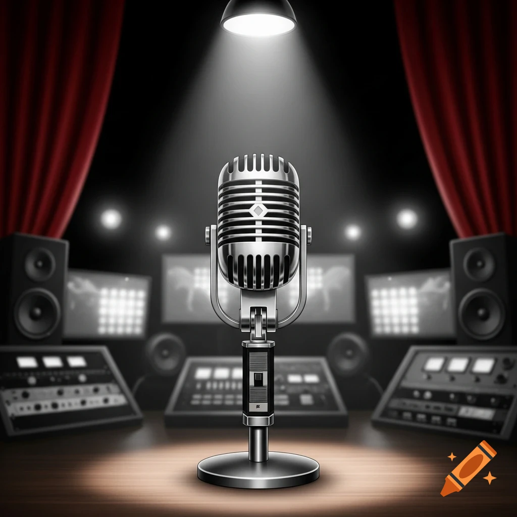 A vintage silver microphone stands center stage under a spotlight, with red curtains, speakers, monitors, and studio equipment in the blurry background.