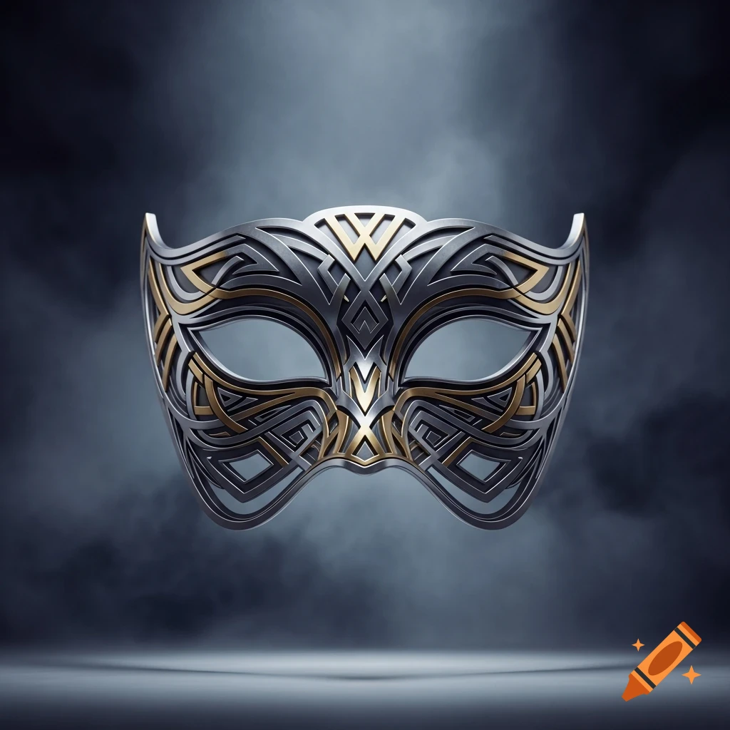 A metallic silver and gold ornate mask with intricate Celtic-inspired patterns floats above a reflective surface.