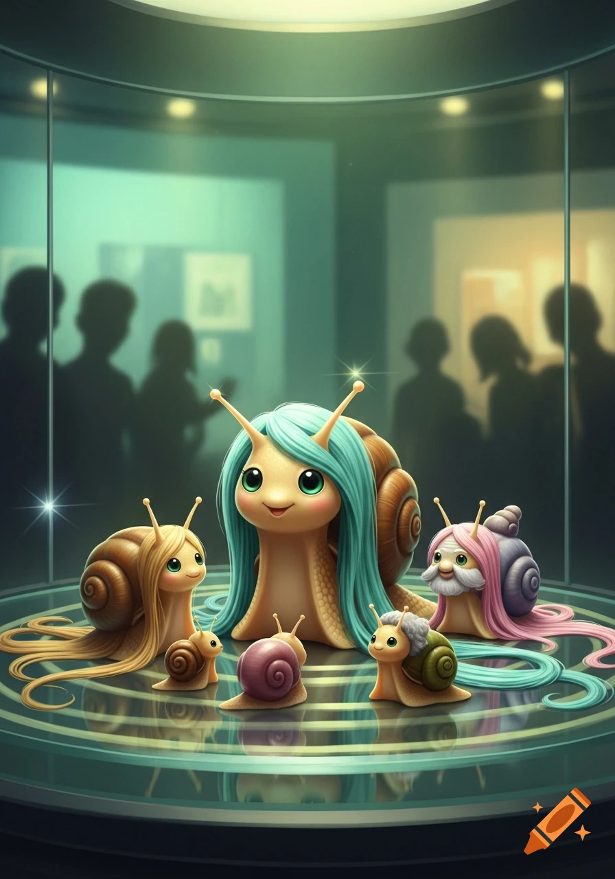 A cute cartoon snail family with long hair sits on a lighted display platform in a museum, with blurred visitors in the background.