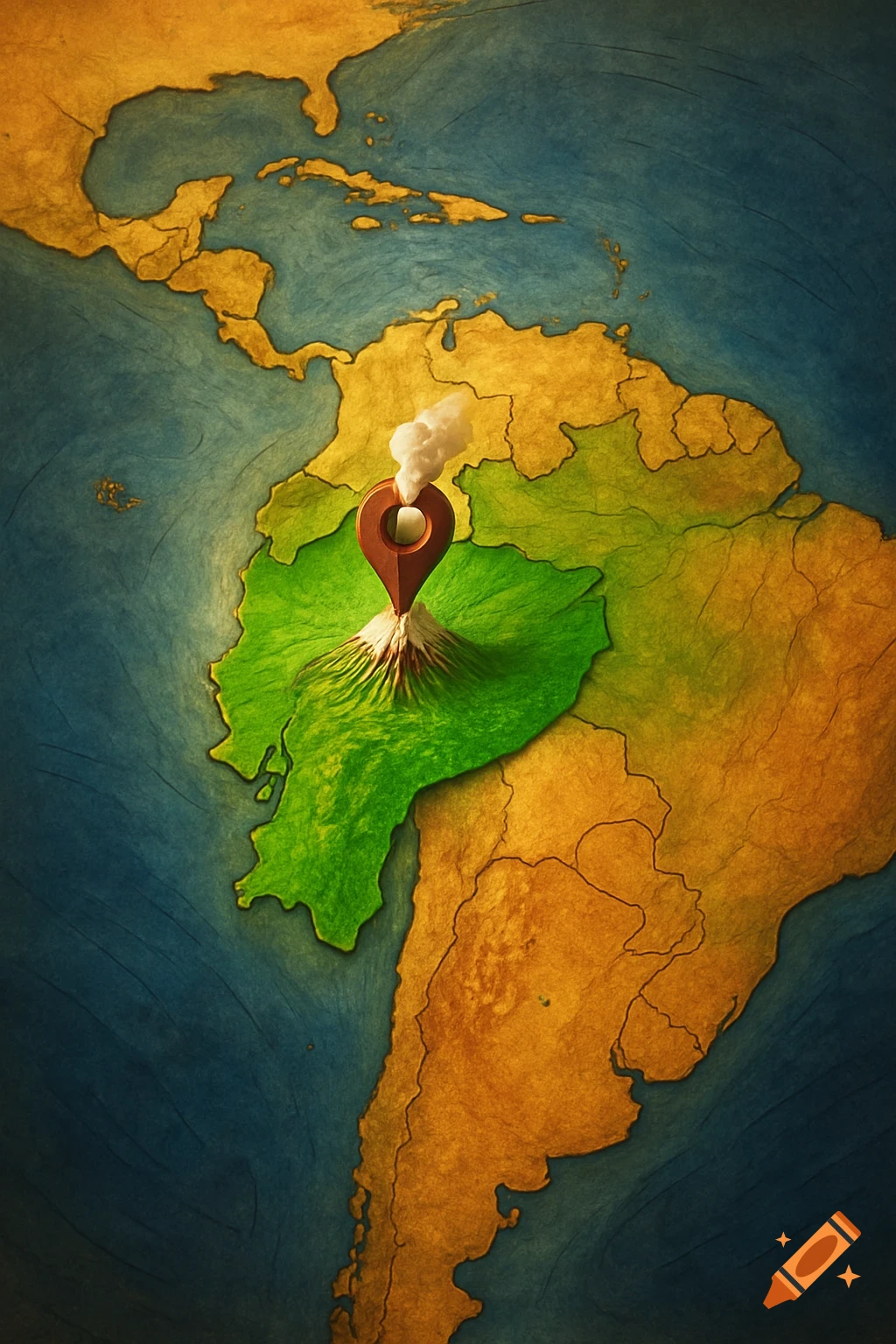 A stylized, textured map of South America with Ecuador highlighted green and a smoking volcano location marker.