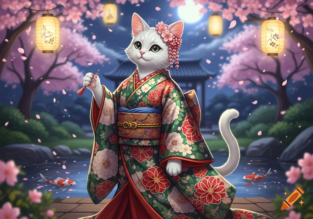 An anthropomorphic white cat in a floral kimono stands in a moonlit Japanese garden with cherry blossoms, lanterns, and koi fish.