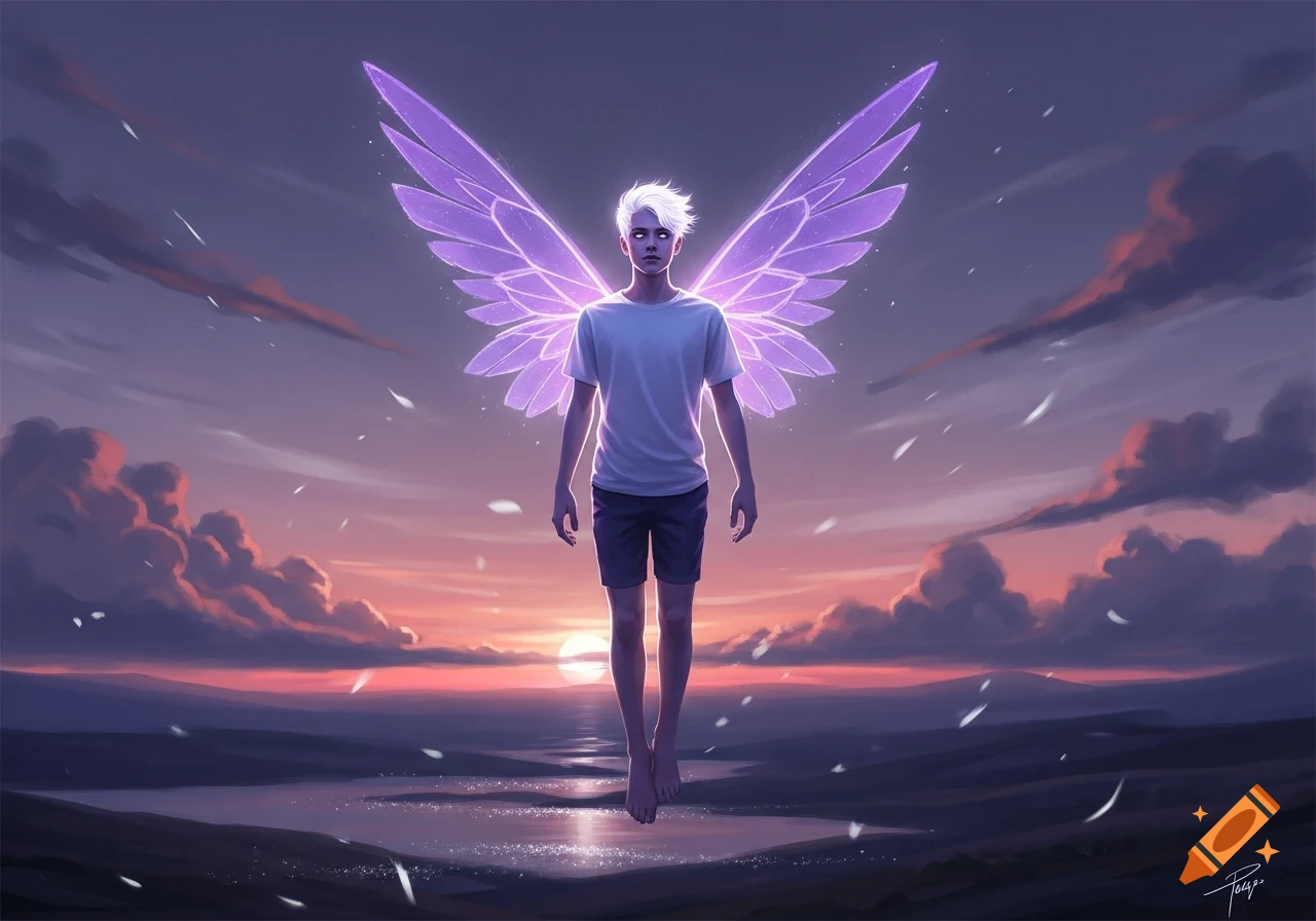 A pale-skinned boy with white hair and glowing purple wings floats over water at sunset, digital painting.
