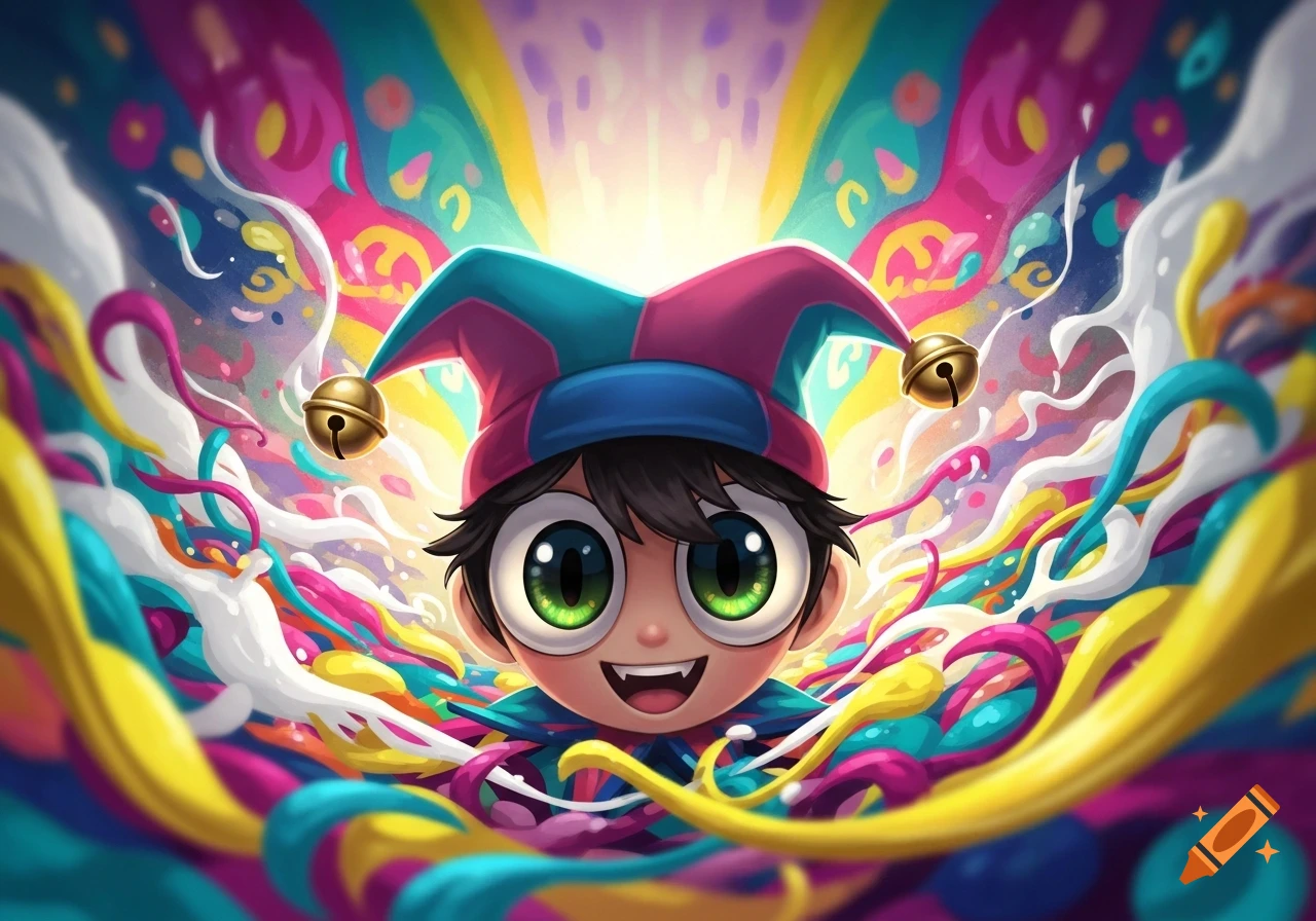 A cartoon character with big green eyes and a jester hat smiles amidst a swirl of vibrant, colorful, abstract patterns and light.