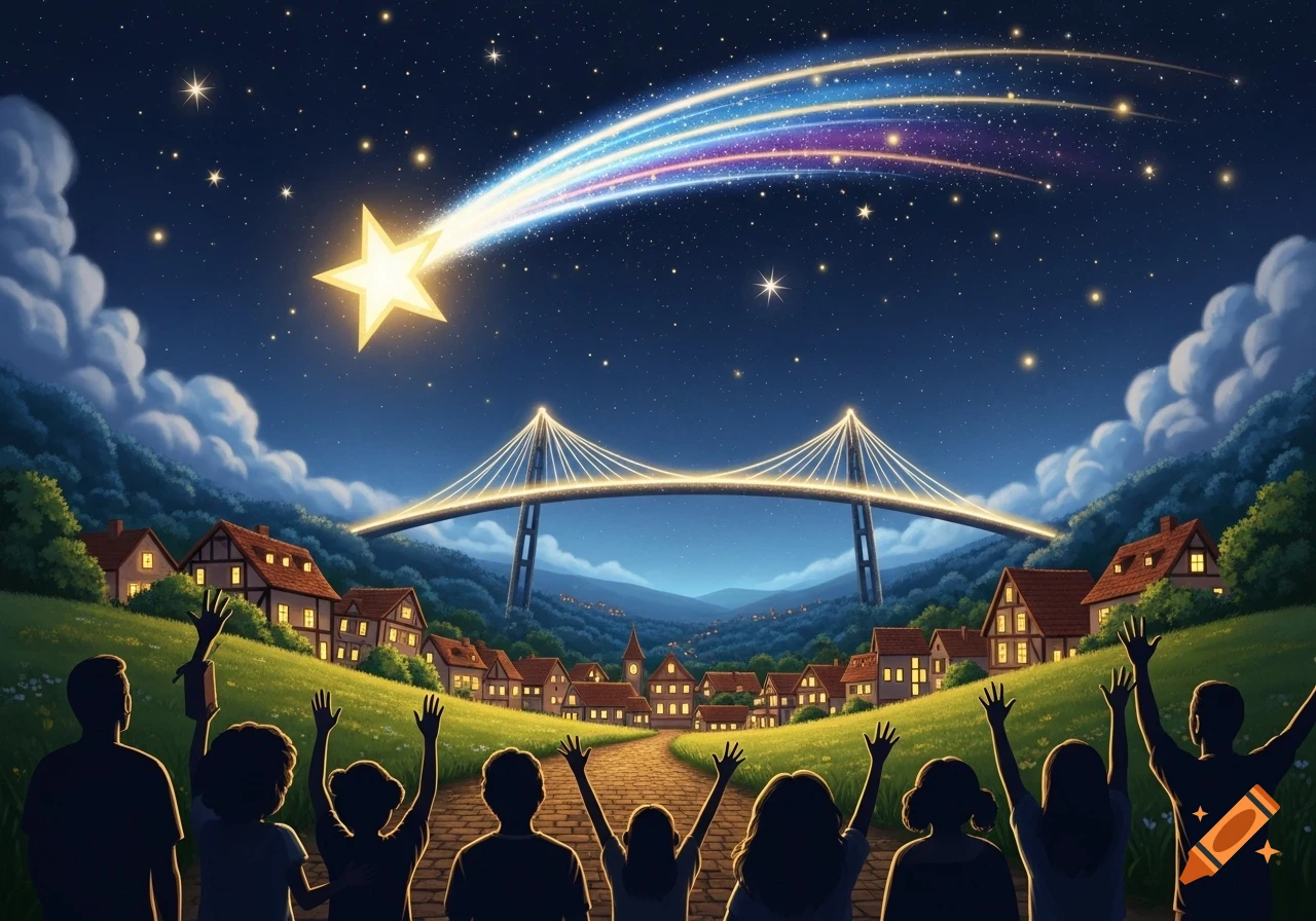 Stylized illustration of people in a village gazing up at a vibrant shooting star and an illuminated bridge under a starry night sky.