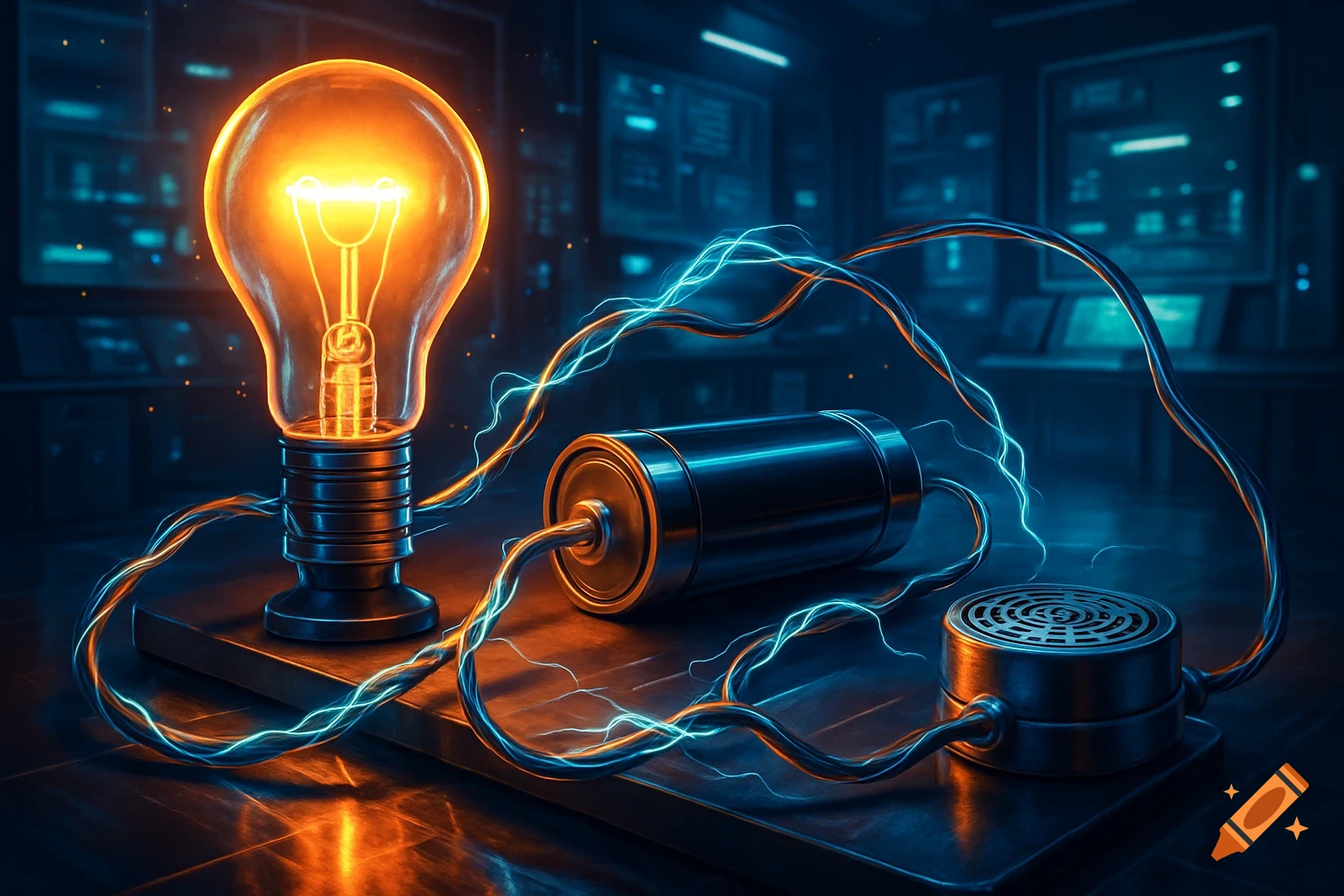 A close-up, glowing depiction of an electrical circuit with a light bulb, a battery, and a buzzer connected by wires, set in a dark lab.