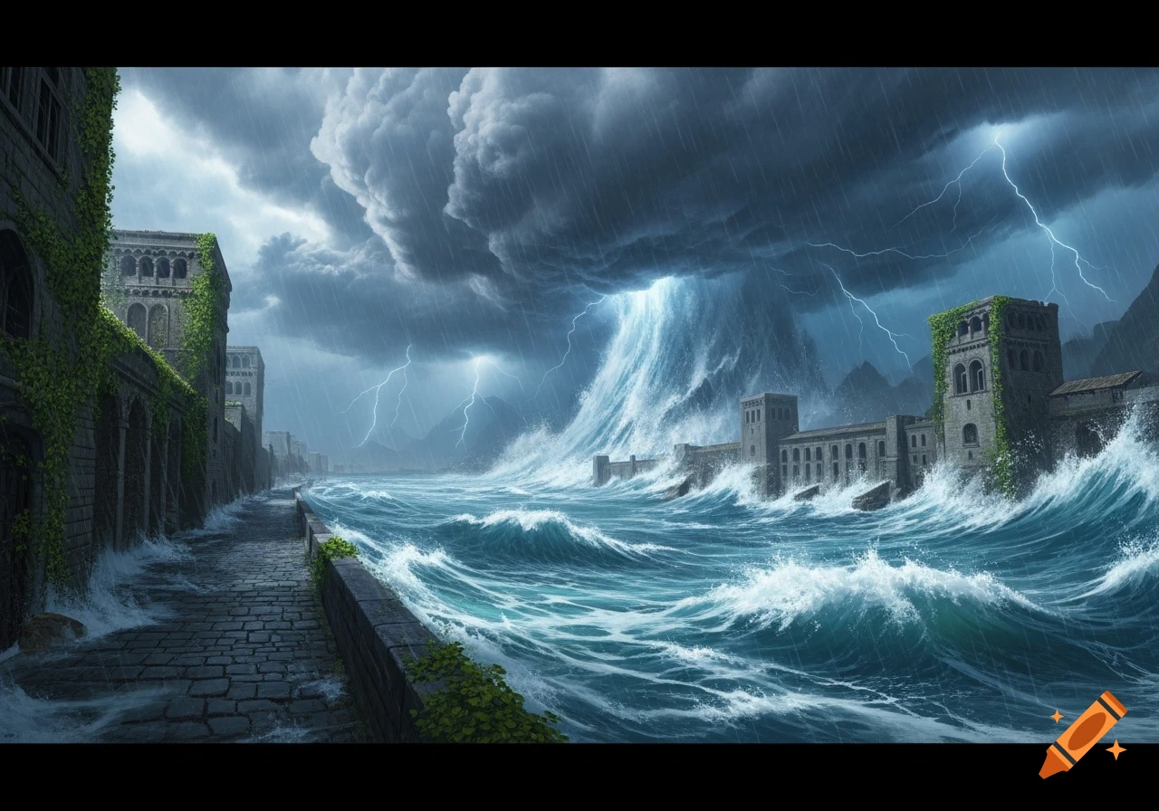 A massive storm with heavy rain and lightning batters an ancient stone city, with huge waves and a colossal waterfall-like surge crashing from dark clouds onto the buildings.