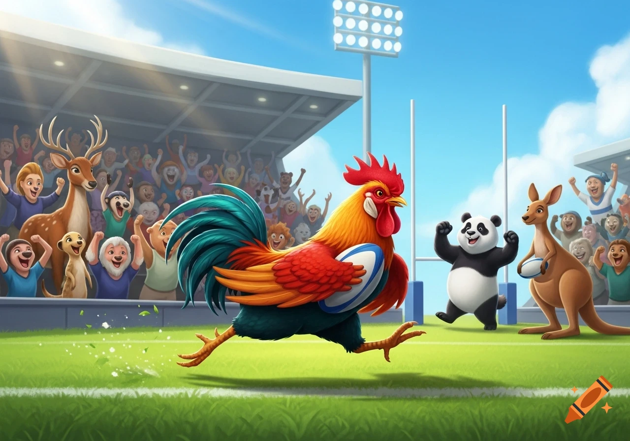 A vibrant cartoon rooster runs with a rugby ball on a sunny rugby field ...
