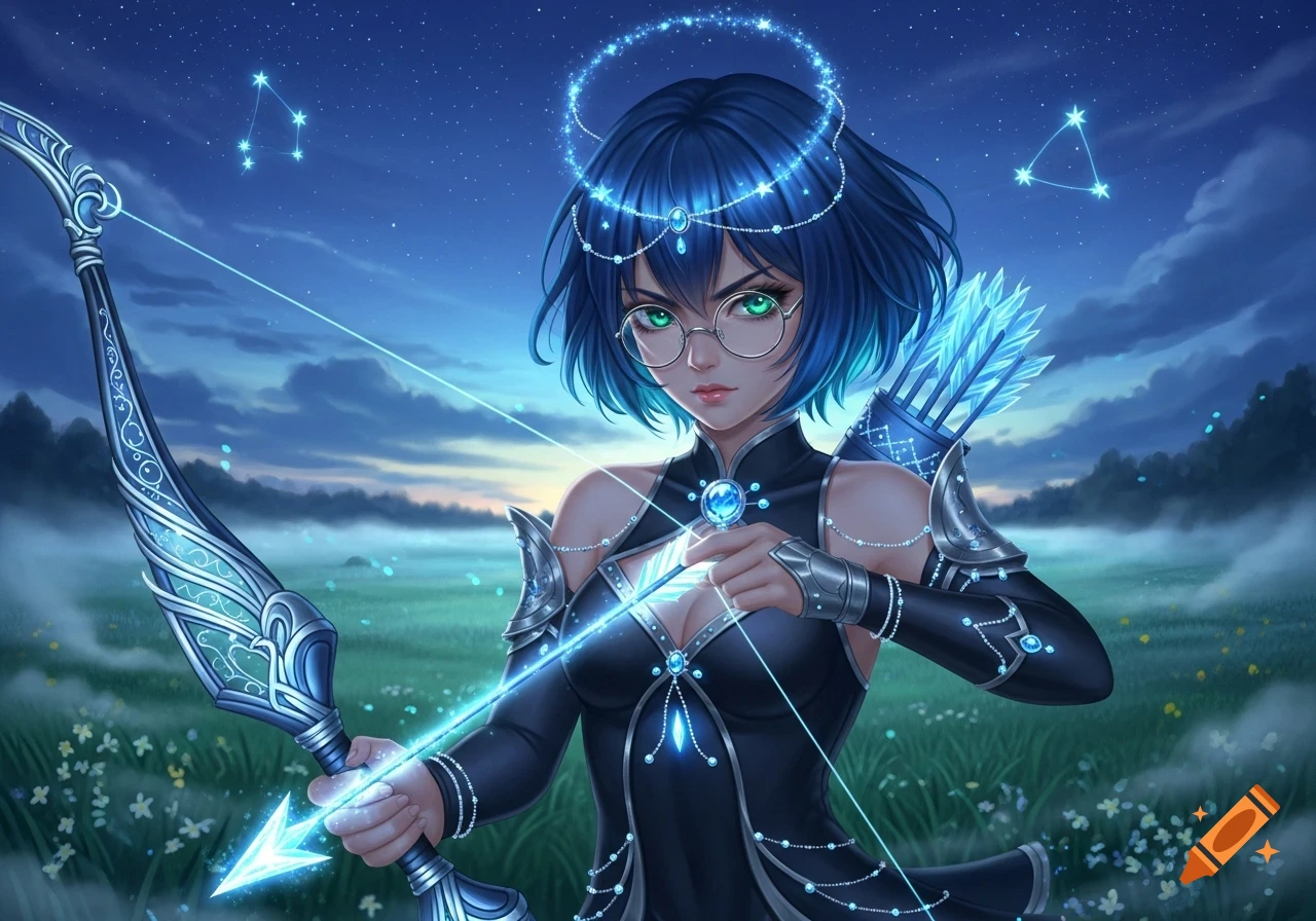 An anime-style magical girl with blue hair, green eyes, and glasses, holding a glowing bow and arrow under a starry night sky.
