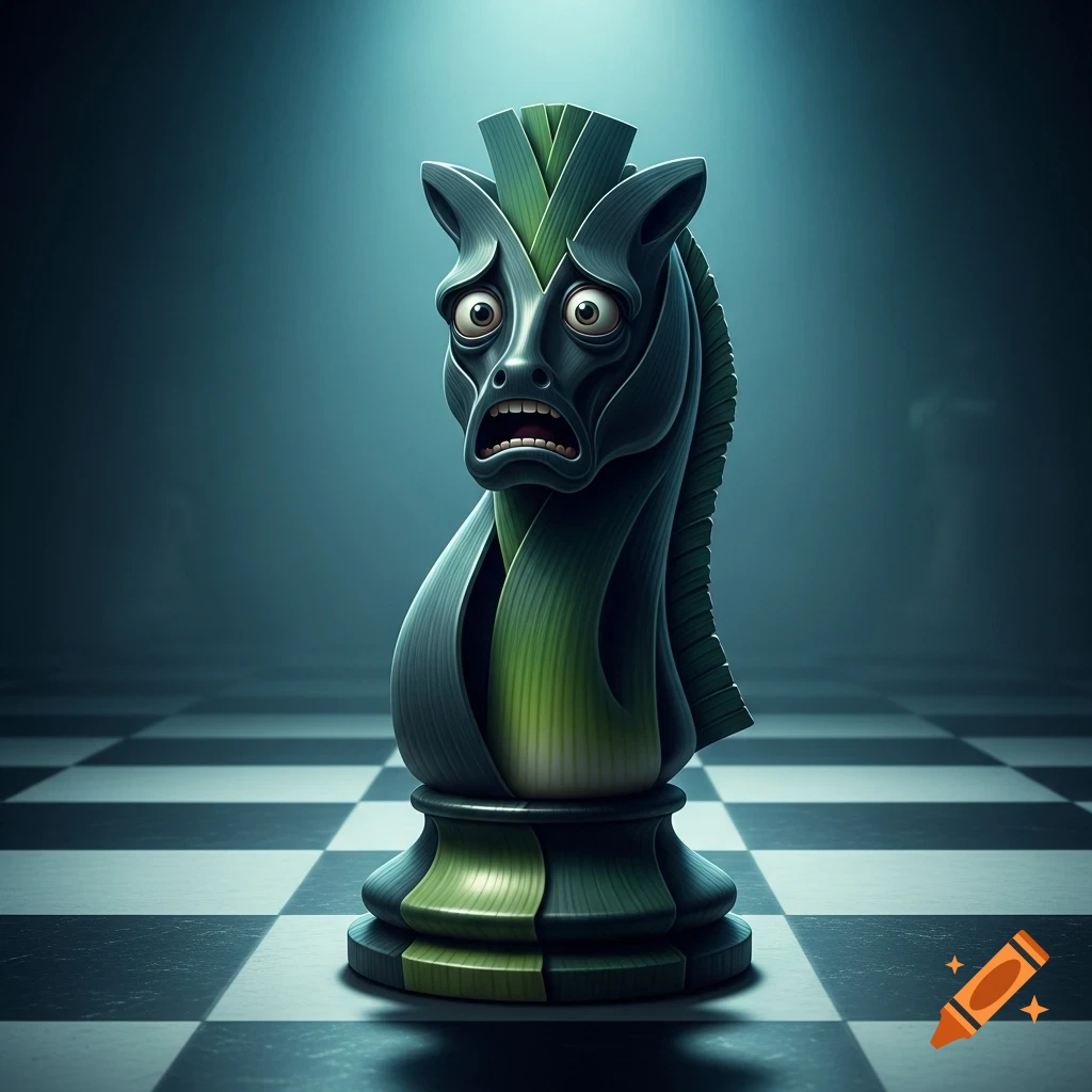 A dark green chess knight with a scared, human-like face, resembling leek leaves, standing on a chessboard.